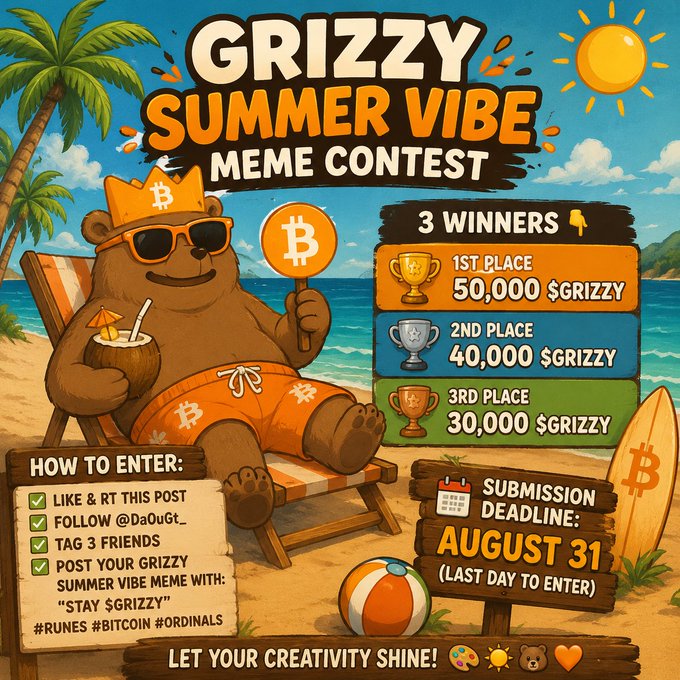 A vibrant summer-themed promotional graphic announces the "$GRIZZY Summer Vibe Meme Contest," featuring a sunglasses-wearing bear in a Bitcoin-crown lounging on a beach chair with a cocktail, alongside prize tiers of 50,000, 40,000, and 30,000 $GRIZZY for 1st, 2nd, and 3rd place (though the post notes slightly different amounts), with an August 31 submission deadline and entry instructions to like, RT, follow @DaOuGt_, and tag 3 friends.