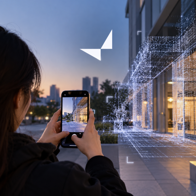 A person using a smartphone to capture or view a holographic 3D wireframe architectural model hovering above a modern building at dusk.