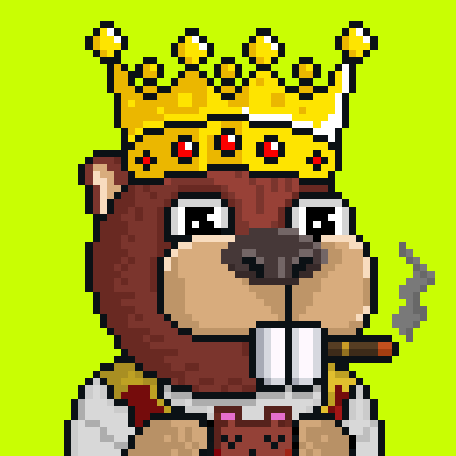 A pixel art illustration of a brown bear wearing a gold crown with red jewels, smoking a cigarette against a bright green background.