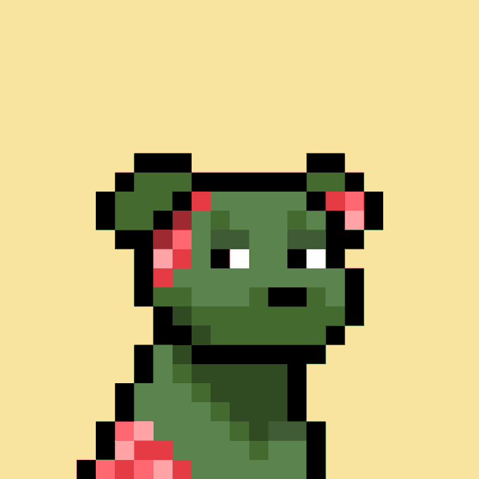 A pixel art illustration of a green dinosaur-like creature with red markings, set against a light yellow background.