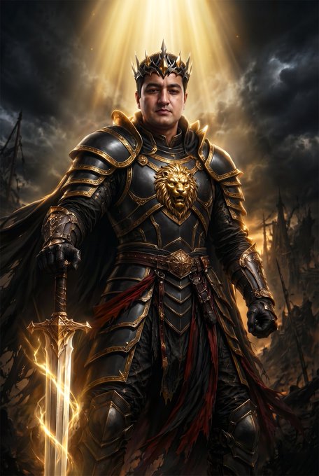 A regal warrior king named Haris Veyr, known as "The Eclipse King," stands adorned in ornate black and gold armor featuring a lion crest, crowned with a spiked helmet and wielding a glowing golden sword against a dramatic, cloudy battlefield backdrop. The image visually embodies the powerful, noble hero described in the post for the ZarGates and PvP Vibes universe.
