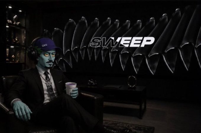 A blue-skinned character wearing a suit, 'DAD' cap, and headphones, sitting in a dark leather chair holding a coffee cup, with the word 'SWEEP' in large stylized text on a textured wall behind them.