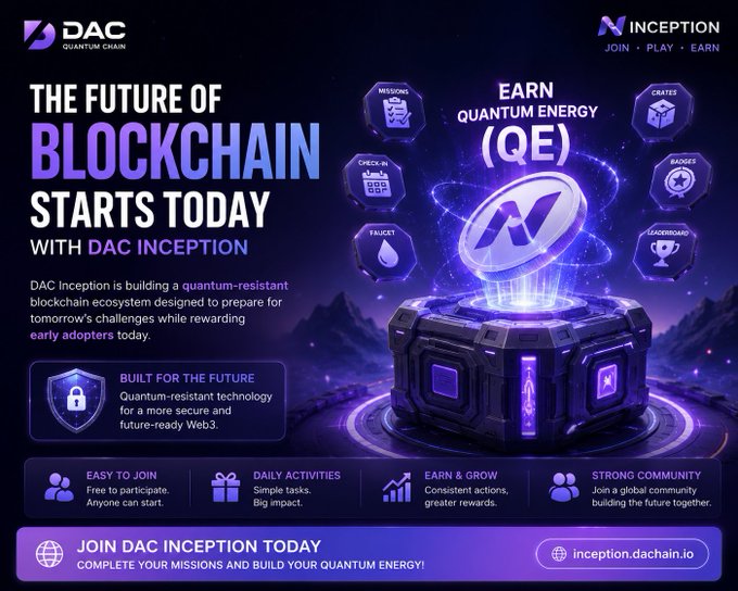 A promotional graphic for 'DAC Inception' blockchain ecosystem advertising 'Earn Quantum Energy (QE)' with features like missions, crates, badges, and faucet, at inception.dachain.io.