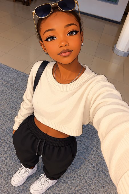 A stylized digital portrait shows a young woman taking a selfie, wearing sunglasses on her head, a cream sweater, and black joggers with white sneakers.