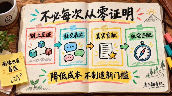 A hand-drawn infographic on a notebook page in Chinese titled '不必每次从零证明' (No need to prove from scratch every time), showing four illustrated steps: 链上足迹 (On-chain footprint), 社交表达 (Social expression), 真实贡献 (Real contribution), and 机会匹配 (Opportunity matching), with the slogan '降低成本 不制造新门槛' (Reduce costs, don't create new barriers) signed '老王翻身记'.