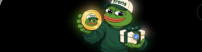 A cartoon green frog wearing a white “trens” cap holds up a gold coin branded “trens” while carrying a small wrapped gift with a blue heart.