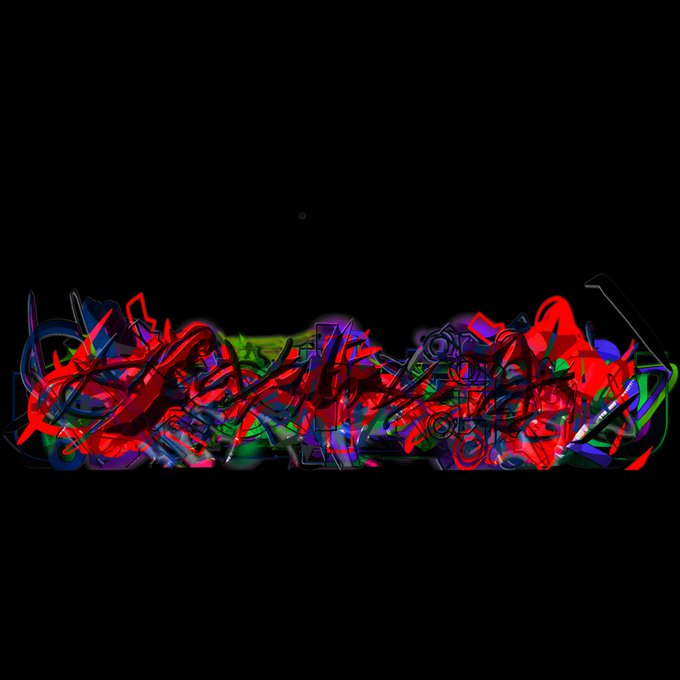 A digital graffiti artwork on a black background featuring abstract, colorful lettering in red, blue, green, and purple.