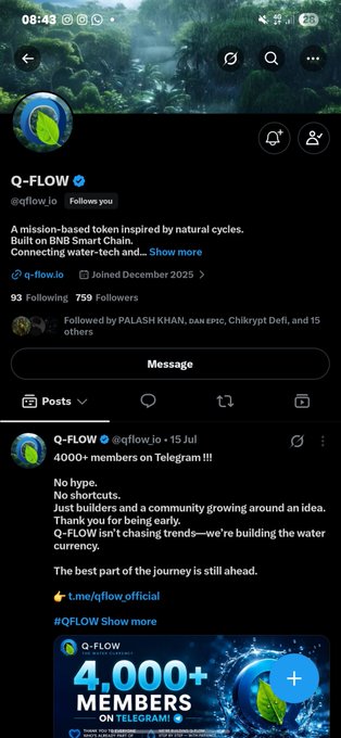 Twitter/X profile for @qflow_io (Q-FLOW) describing it as a mission-based token on BNB Smart Chain with 93 Following and 759 Followers, posting about reaching 4000+ members on Telegram.