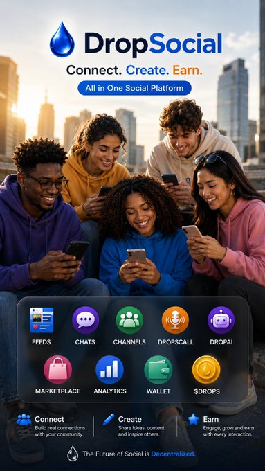 A promotional graphic for 'DropSocial', described as 'All in One Social Platform' with the tagline 'Connect. Create. Earn.', featuring a group of people looking at phones and icons for Feeds, Chats, Channels, DropsCall, DropAI, Marketplace, Analytics, Wallet, and $DROPS.