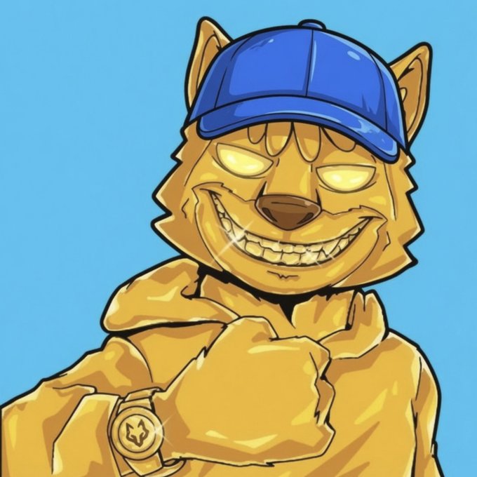 A stylized illustration of a yellow wolf character wearing a blue baseball cap and a gold watch with a star emblem, grinning widely with glowing yellow eyes against a light blue background.