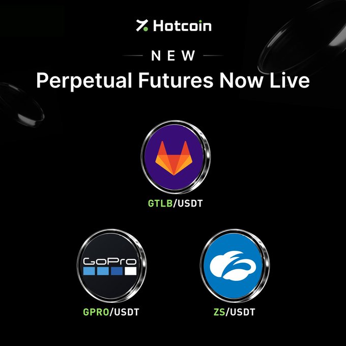 A black promotional graphic from Hotcoin announces "NEW Perpetual Futures Now Live" and showcases three newly listed trading pairs displayed in circular coin icons: GTLB/USDT (featuring an orange fox-like logo), GPRO/USDT (showing the GoPro brand), and ZS/USDT (displaying a white logo on blue), corresponding to the upcoming futures listings offering up to 20× leverage.