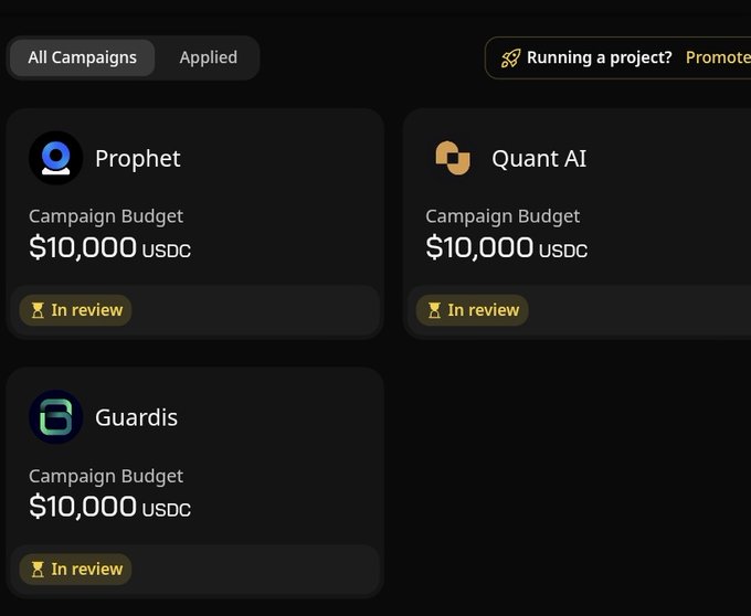 The image presents a screenshot of an app's user interface displaying three campaigns for users to join, each offering $10,000 USDC in return. The campaigns are named "Prohet", "Quant AI", and "Guardis", all of which seem to target creators who have made their product and truly understand it. 
A note on the screenshot reads: "The part that got my attention: the USDC is escrowed by Wallchain before the". This indicates that the app's payment system is set up to ensure that any payments received will be transferred directly into a trusted bank account for the user, without them having to worry about transferring the money themselves.