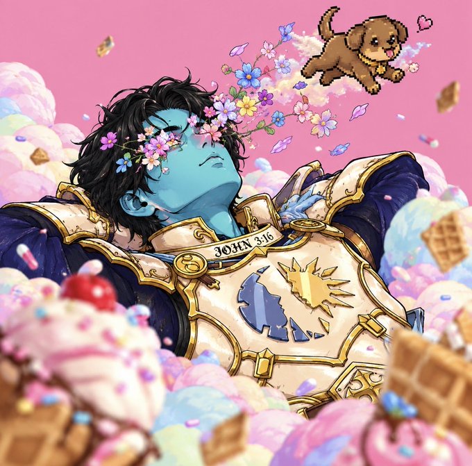 A vibrant anime-style illustration shows a blue-skinned warrior with flower-adorned black hair lying peacefully among ice cream and waffles, wearing armor marked 'JOHN 3:16' as a pixelated puppy and flowers float above.