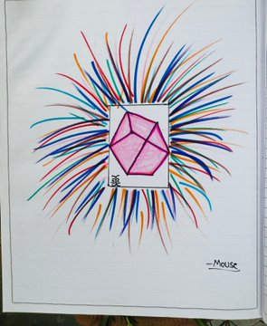 A colorful marker drawing of a pink geometric 3D shape (icosahedron-like) on a square background with radiating multicolored lines, signed 'the Mouse'.