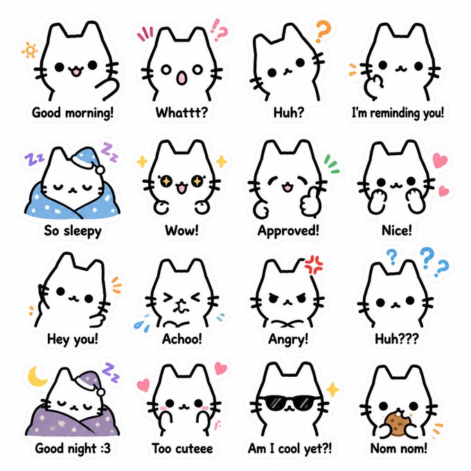 A collection of 16 cute cat stickers/expressions with English captions including 'Good morning!', 'Whattt?', 'Huh?', 'I'm reminding you!', 'So sleepy', 'Wow!', 'Approved!', 'Nice!', 'Hey you!', 'Achooo!', 'Angry!', 'Huh???', 'Good night :3', 'Too cuteee', 'Am I cool yet?!', and 'Nom nom!'.