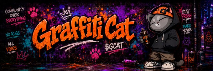 The image is a vibrant graffiti-style banner featuring a cartoon cat wearing an orange cap, black hoodie, and holding a spray paint can, set against a colorful brick wall background with paint splatters. Prominent orange text reads "Graffiti Cat" with "$GCAT" displayed below, alongside street-art phrases like "Community Over Everything," "No Rugs," "All Vibes," and "Stay Fresh, Make Moves." This directly corresponds to the post as it showcases the newly added community banner for the $GCAT token on Moby.