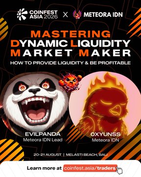A promotional poster for COINFEST ASIA 2026 featuring speakers EVILPANDA and OXYUNSS discussing 'Mastering Dynamic Liquidity Market Maker,' set for 20-21 August at Melasti Beach, Bali.