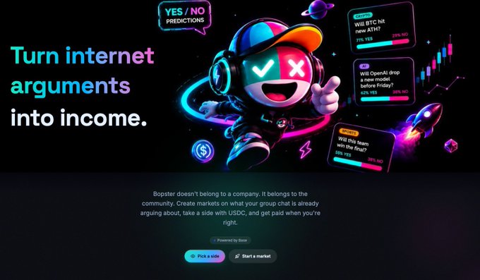 Bopster's landing page promotes a "YES/NO PREDICTIONS" platform that lets users turn internet arguments into income by trading on community-created markets featuring questions like "Will BTC hit new ATH?" (71% YES, 29% NO) and "Will OpenAI drop a new model before Friday?" (35% YES, 65% NO), aligning with the post's highlight of its community-driven market creation and 1% creator earnings model.