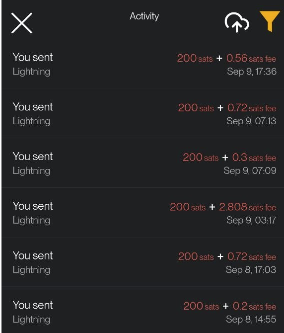 A mobile app's activity screen displays a history of six Lightning transactions, each showing "You sent 200 sats" with varying small fees (ranging from 0.2 to 2.808 sats) dated between September 8-9. The "Join them!" caption suggests the post is encouraging others to participate in sending small Lightning payments like those shown in the transaction history.
