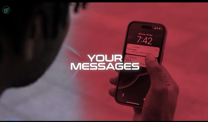 A stylized red-tinted image of someone viewing text messages on a smartphone lock screen, overlaid with the glowing text "YOUR MESSAGES."