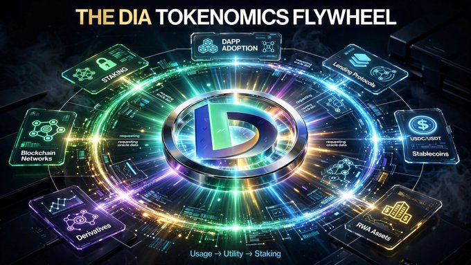 A digital graphic titled 'THE DIA TOKENOMICS FLYWHEEL' displaying a glowing circular diagram surrounded by icons for staking, DApp adoption, lending protocols, stablecoins, RWA assets, derivatives, and blockchain networks.