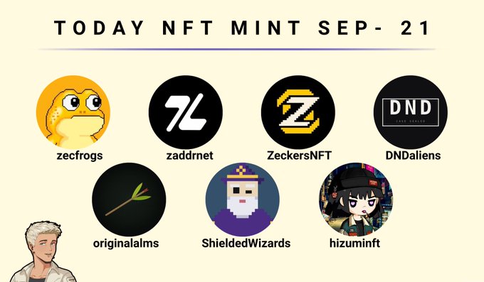 A promotional graphic titled "TODAY NFT MINT SEP-21" displays seven circular NFT project logos—zecfrogs, zaddrnet, ZeckersNFT, DNDaliens, originalalms, ShieldedWizards, and hizuminft—corresponding to the confirmed mints for that day, with details on Zeckers (0.0026 ZEC, 3,333 supply at 12:00 pm UTC), Zaddr (0.02 ZEC, 2,800 supply), and Hizumi (starting 2:45 pm UTC on OpenSea) listed below.