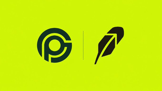 A bright yellow graphic displays two black logos side by side: the PerpGame "P" emblem on the left and the Robinhood feather/arrow icon on the right, separated by a thin vertical line—visually representing the partnership between the two platforms announced in the post.