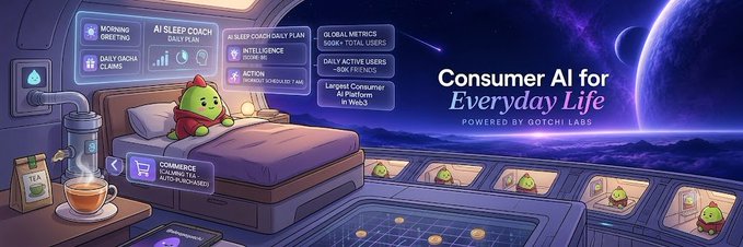 Digital illustration advertising 'Consumer AI for Everyday Life' powered by Dotchi Labs, showing a sleeping green character in a sci-fi bedroom with features like 'AI Sleep Coach,' 'Morning Greeting,' and 'Daily Diwali Claims.'