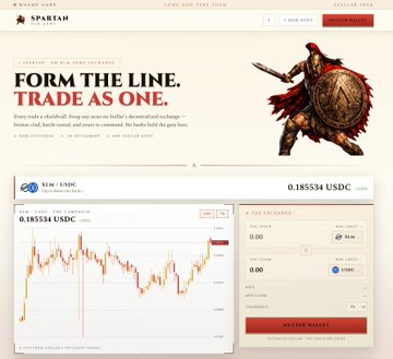 A promotional graphic for a Spartan-themed DEX interface displays the headline "FORM THE LINE. TRADE AS ONE" alongside a spartan warrior, with the XLM/USDC trading pair shown at 0.185534 USDC and a "ORDER BOOK" panel below, visually reinforcing the post's call to "Trade as one. Settle on #Stellar."