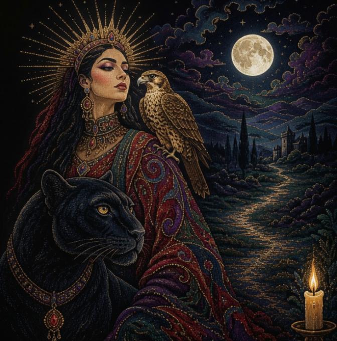 A mystical digital artwork depicting a regal woman with a golden sunburst crown, accompanied by a black panther and a falcon, set against a moonlit landscape with a lit candle.