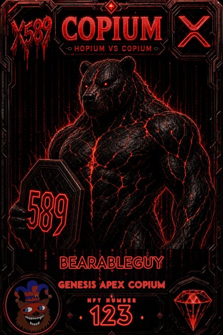 A dark digital trading card features a menacing black bear with glowing red cracks, labeled 'X589 COPIUM', 'BEARABLEGUY', 'GENESIS APEX COPIUM', and 'NFT NUMBER 123'.