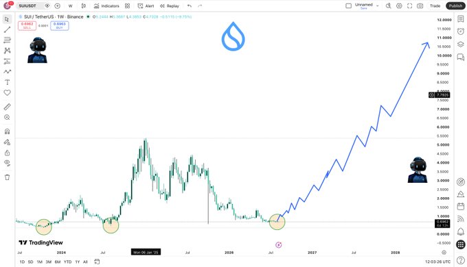 A TradingView chart for 'SUI / TetherUS' on Binance shows a weekly candlestick price pattern followed by a steep blue trendline projecting upward toward 2028.