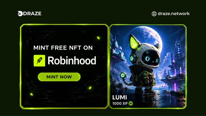 Draze network advertisement offering a free Lumi NFT mint on Robinhood, featuring a futuristic cat character and showing '1000 XP'.