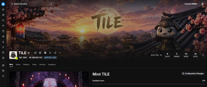 A promotional webpage for "TILE" NFT project features a samurai cat character against a sunset Japanese landscape, displaying a countdown of 5 hours, 22 minutes, and 16 seconds until minting concludes. The banner highlights "SFT 2408" status, "ON CHAIN FEB," and a "MINTING SOON" label, aligning with the post's urgency about the final 5 hours of minting on OpenSea.