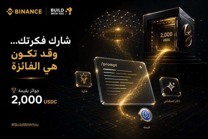 The image is a promotional graphic for Binance's "#BuildWithYou" initiative, featuring a sleek black and gold design with a glowing digital brain, an open safe displaying "2,000 USDC," a "/prompt" text card, and Arabic text inviting participants to share their best AI prompts for a chance to win 2,000 USDC. It visually reinforces the post's message by illustrating that the right prompt can unlock valuable rewards, just as it unlocks efficiency in AI tools like ChatGPT.