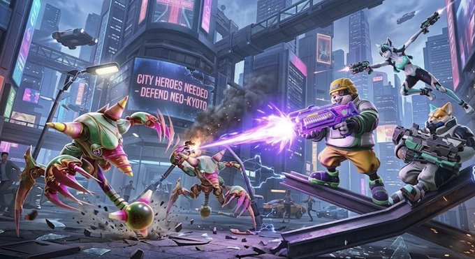 A vibrant, action-packed video game-style scene showing anthropomorphic animal characters (a fox, bear, and raccoon) wielding futuristic weapons in a battle within a neon-lit cyberpunk city, with a billboard reading 'CITY HEROES NEEDED - DEFEND NEO-KYOTO'.