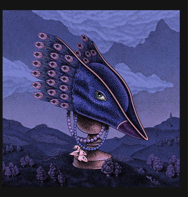 The image features a large, colorful bird head with a pink beak and purple feathers, sitting atop a pedestal or statue. The bird's face has a pearl-like texture, giving it an ethereal appearance. The background of the image is filled with mountains under a cloudy sky, creating a sense of depth and grandeur to the scene.

The post that accompanies this image reads: "Just minted my @thebeaksart on @opensea Let' s go". This message seems to be a playful response or comment about the bird head in the image.