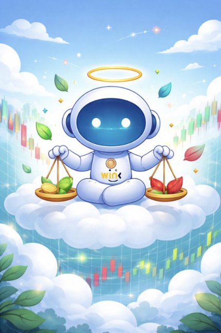 An illustration of a cute, white and blue robot with a golden halo sitting on a cloud, holding two golden scales, set against a background of financial candlestick charts.