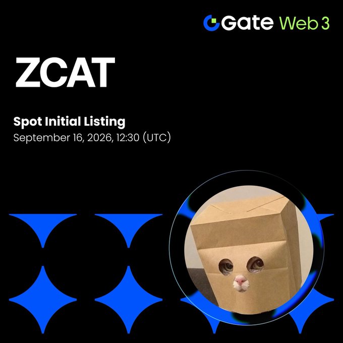 Promotional graphic from Gate Web3 announcing the spot initial listing of **$ZCAT**, featuring a playful image of a cardboard box cat, with the text "Spot Initial Listing – September 16, 2026, 12:30 (UTC)" aligning with the launch of the $ZCAT/USDT trading pair on Gate DEX.