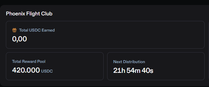 A dashboard interface for 'Phoenix Flight Club' showing 'Total USDC Earned' as 0.00, a 'Total Reward Pool' of 420.000 USDC, and a 'Next Distribution' countdown of 21h 54m 40s.