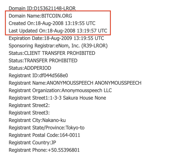 Domain registration record for BITCOIN.ORG (Domain ID: D153621148-LROR), created and last updated on 18-Aug-2008, registered via eNom, Inc. to Anonymousspeech LLC in Nakano-ku, Tokyo, Japan.