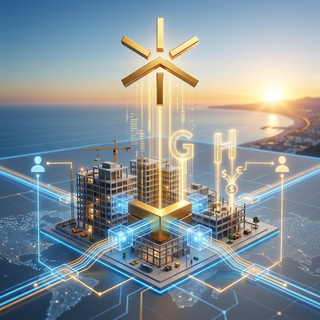 A futuristic 3D rendering of a glowing gold Chinese Yuan or similar currency symbol (with G, H, and ¥ characters) hovering above a modern coastal city development with smart infrastructure lines and digital nodes, set against a sunset over the ocean.