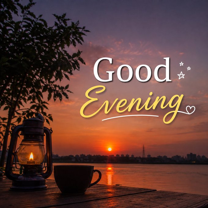 A 'Good Evening' greeting image with a sunset over water, featuring a vintage lantern and coffee cup on a wooden surface in the foreground.