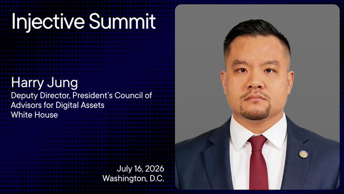 The image is a promotional graphic for the Injective Summit featuring a headshot of Harry Jung, labeled as Deputy Director, President's Council of Advisors for Digital Assets at the White House, with the event details showing July 16, 2026, in Washington, D.C. The graphic visually introduces Jung as a featured speaker, aligning with the post's announcement of the White House's participation in the summit and its focus on America's onchain finance agenda.