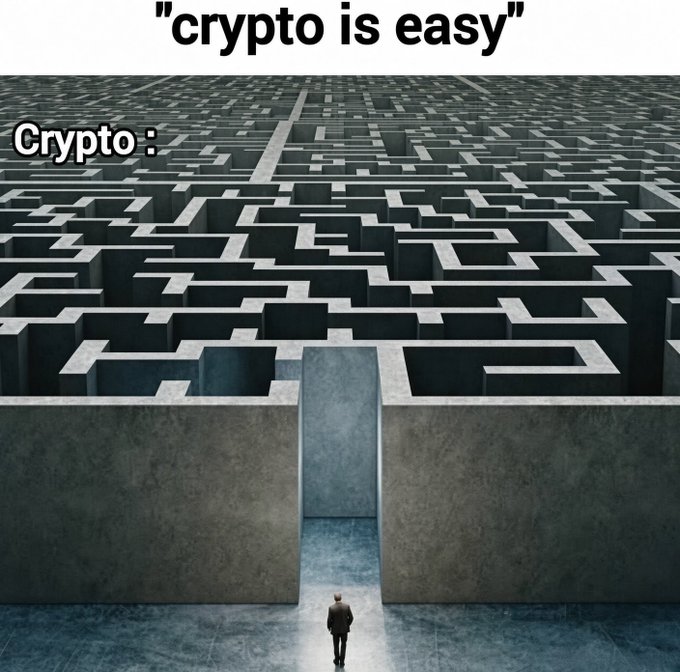 A meme showing a tiny figure facing an enormous labyrinth with the text 'crypto is easy' at the top and 'Crypto :' labeling the maze.