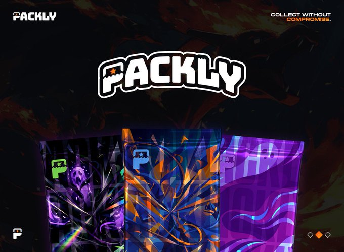 A promotional graphic for 'PACKLY' featuring the tagline 'COLLECT WITHOUT COMPROMISE' and showing three colorful booster packs with holographic designs and trading card motifs.