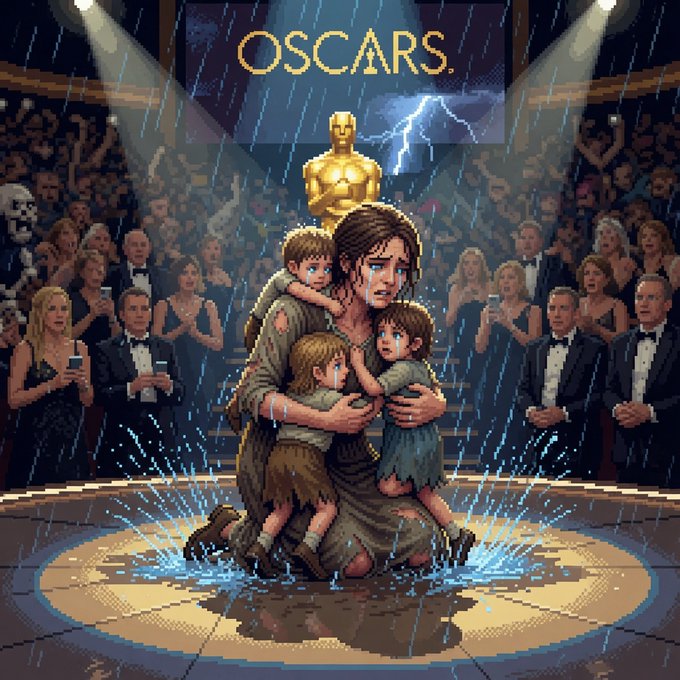 Pixel art depicting a tearful woman hugging children on a stage during the 'OSCARS', with the golden Oscar statue and an audience visible behind them in the rain.