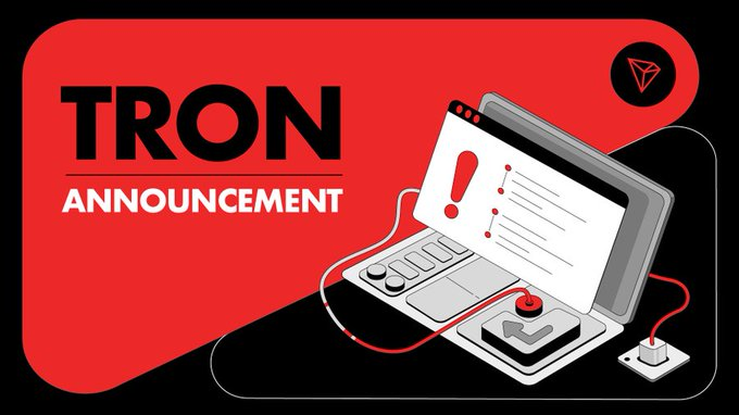 A red promotional banner featuring "TRON ANNOUNCEMENT" text alongside an illustration of a laptop with an alert icon and trading controls, visually supporting the news of SunSwap's new Automated Limit Order feature launch on TRON's ecosystem.