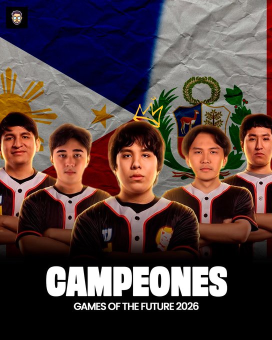 A promotional graphic showing five esports players in baseball jerseys standing in front of the Philippines flag, with the text 'CAMPEONES GAMES OF THE FUTURE 2026'.
