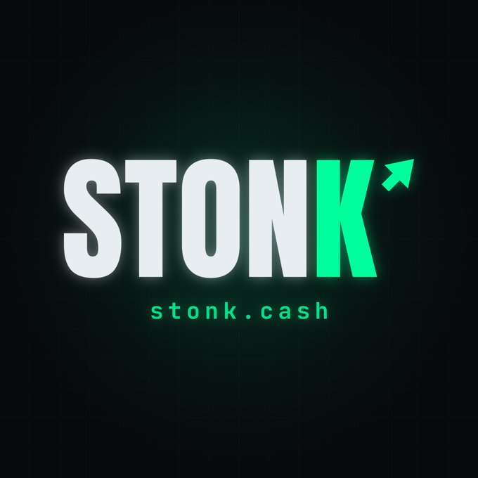 A logo reading 'STONK' in white and green text with an upward arrow, and 'stonk.cash' written below it on a dark grid background.